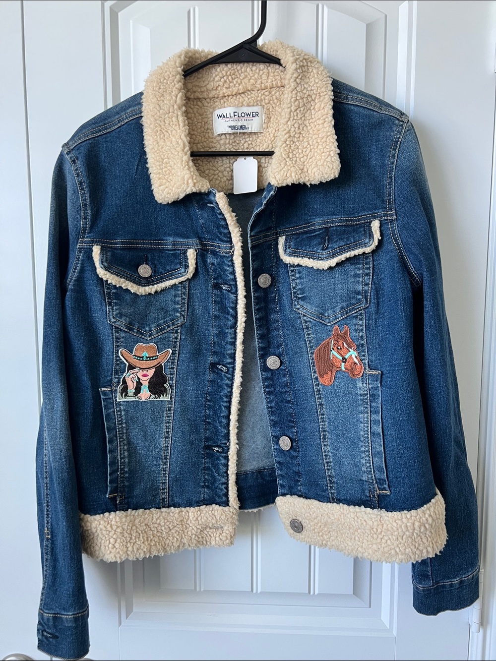 (Up)Cycled Wallflower Denim Bomber with Faux Fur Collar